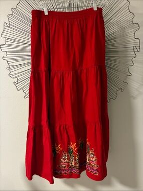 K.W.B.L. Vintage Maxi Skirt Quirky Red Cotton Size M